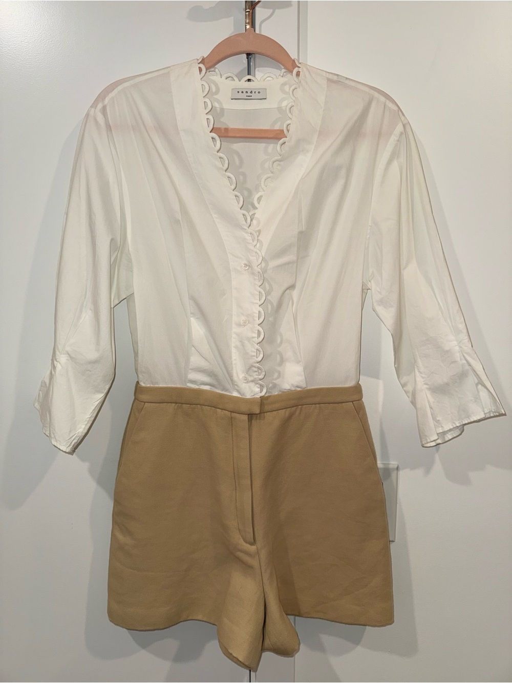 Sandro Paris Scallop Trim Romper | White/Tan | S (EU 36 / US 4 / UK 8)
